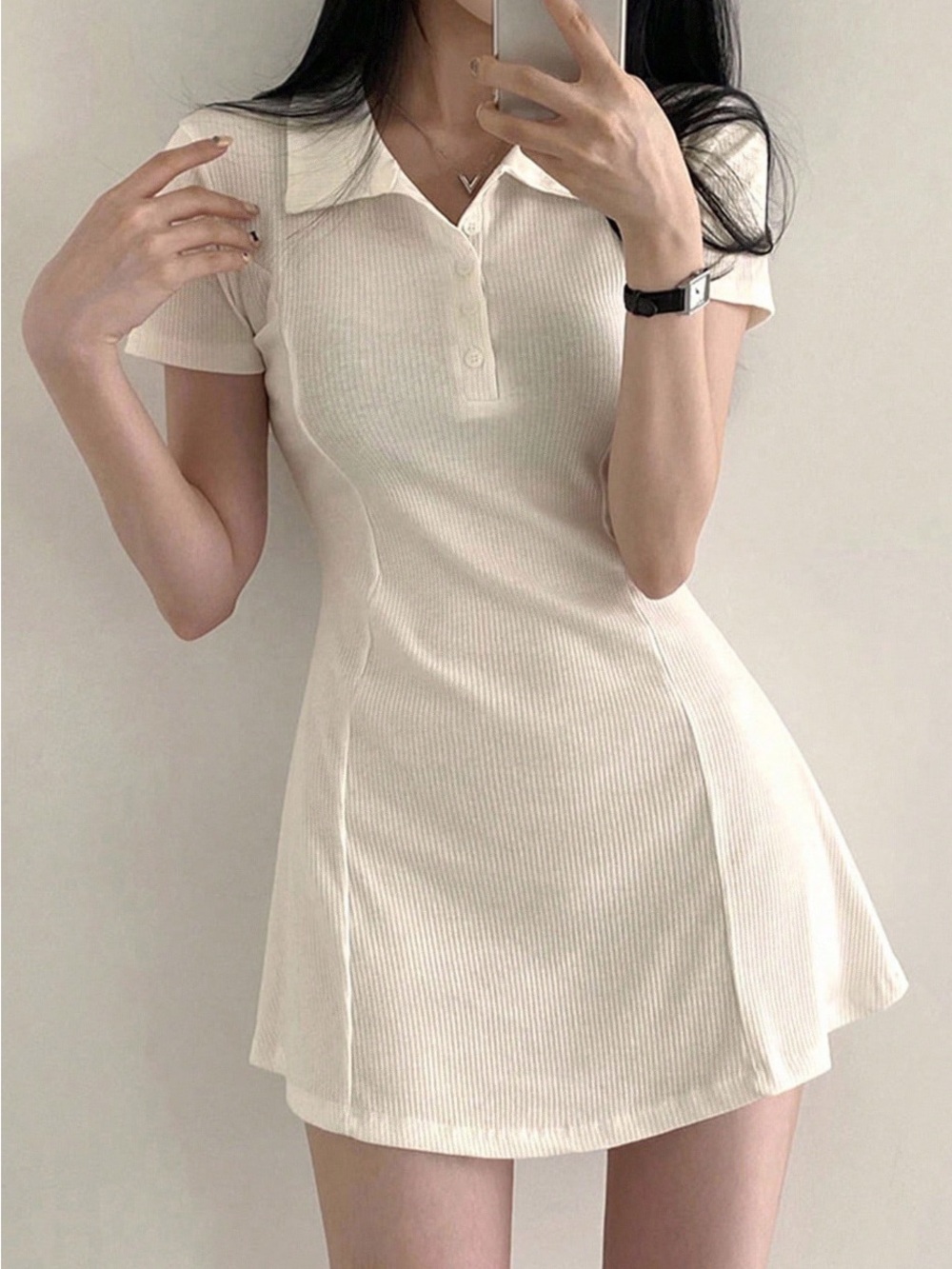 Cream Ribbed Polo Mini Dress with Short Sleeves